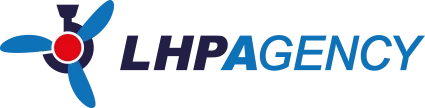 Logo LHP Agency avec hélice stylisée en bleu et point rouge central