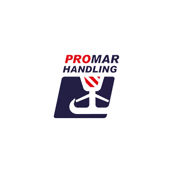 Logo Promar Handling avec symbole stylisé de transport et de manutention en bleu, rouge et blanc