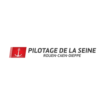 Logo Pilotage de la Seine avec ancre marine rouge et texte des villes de Rouen, Caen et Dieppe